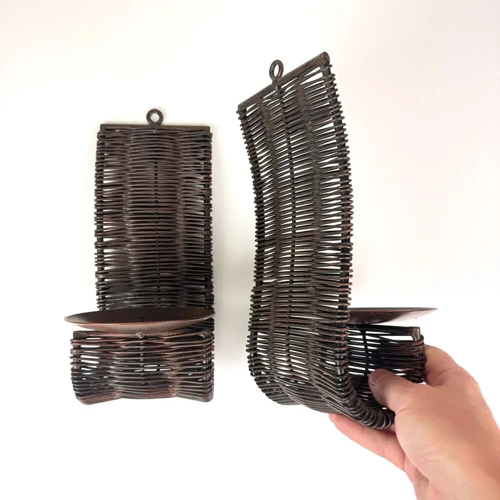 Vintage Pair of Woven Metal Candle Holder Wall Sconces / Rustic Brutalist Decor